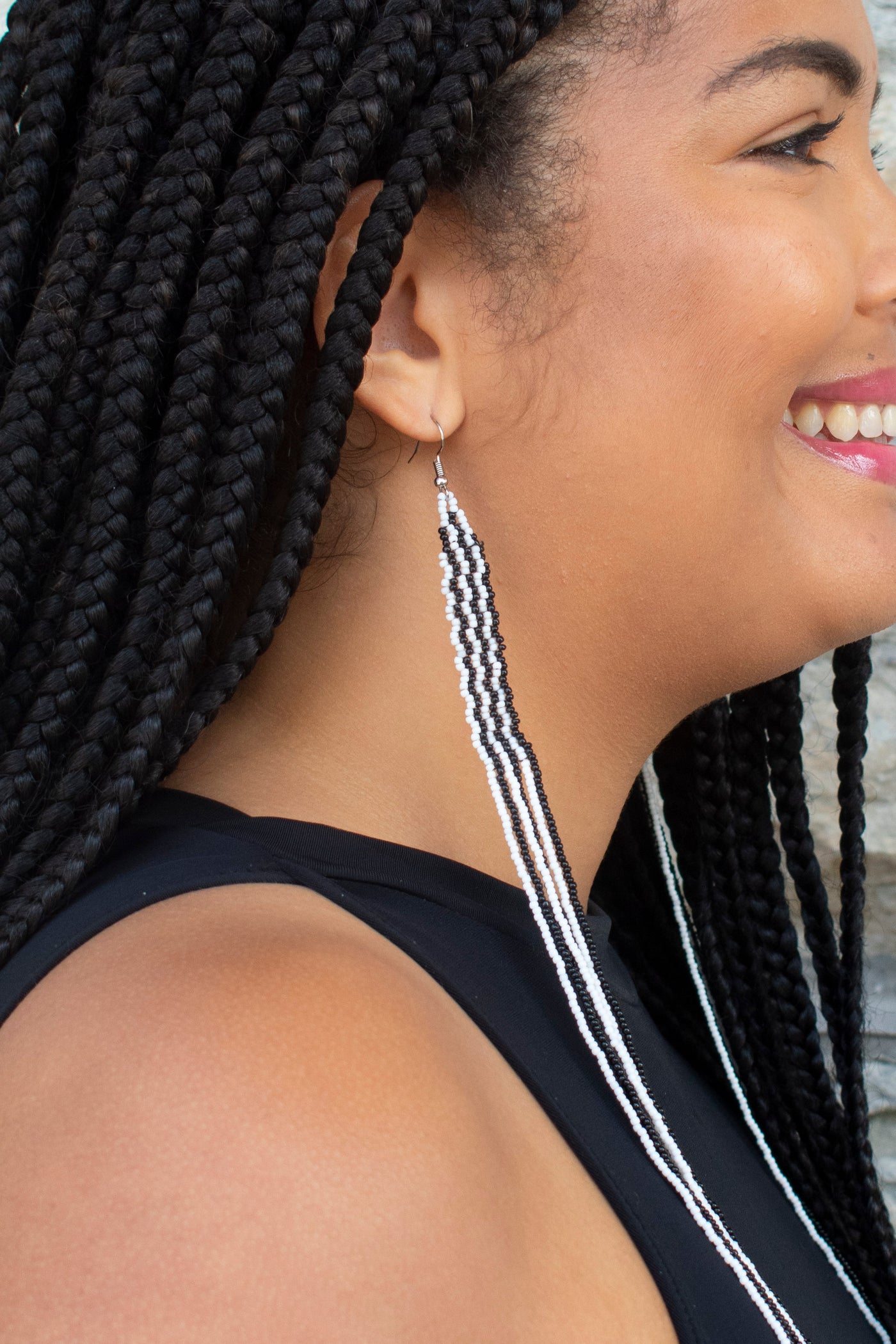 Beaded Long Fringe Earrings in Black and Black/White