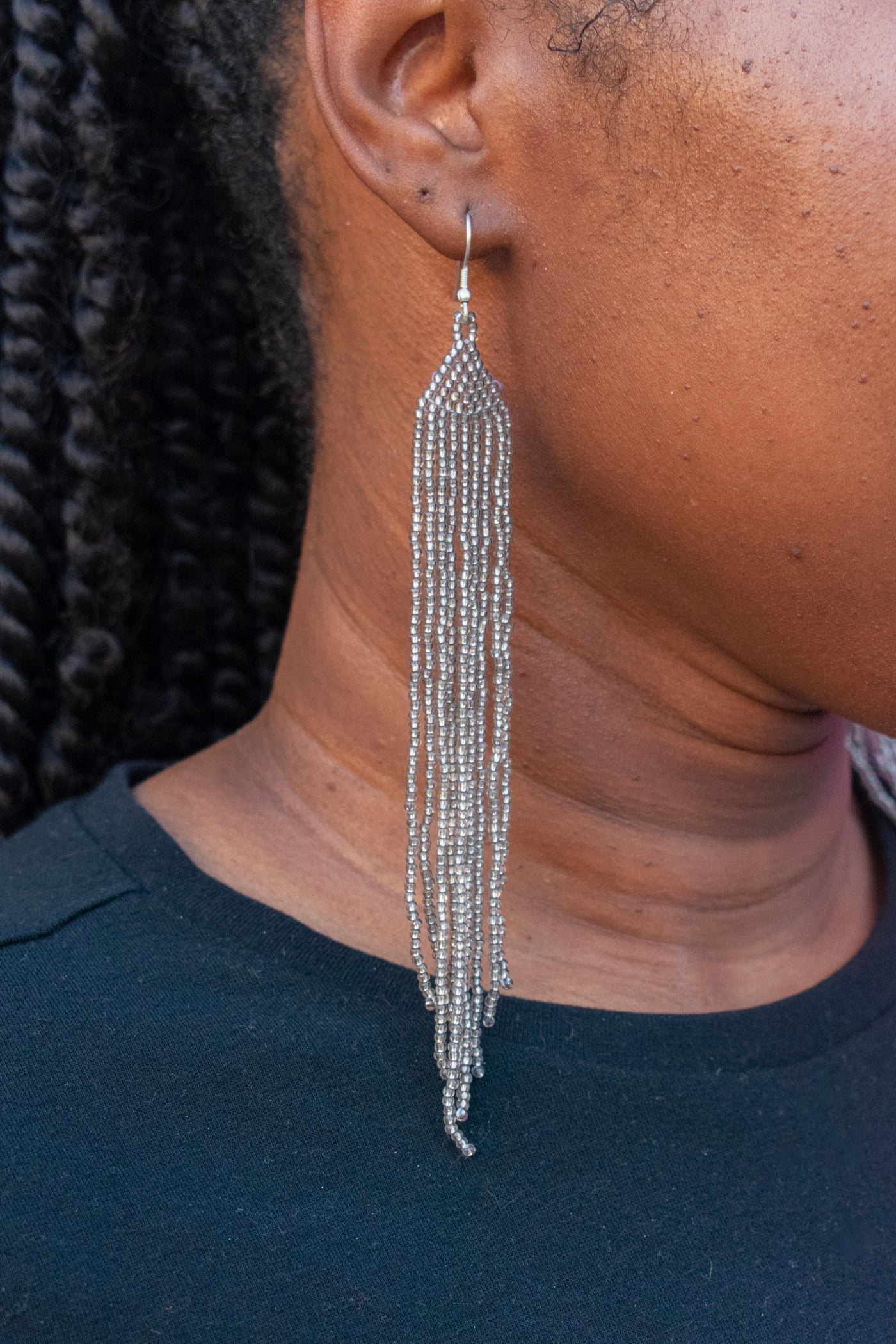 Beaded Silver Fringe Earrings