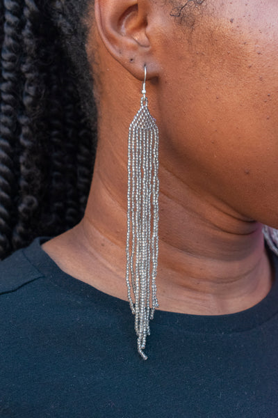 Beaded Silver Fringe Earrings