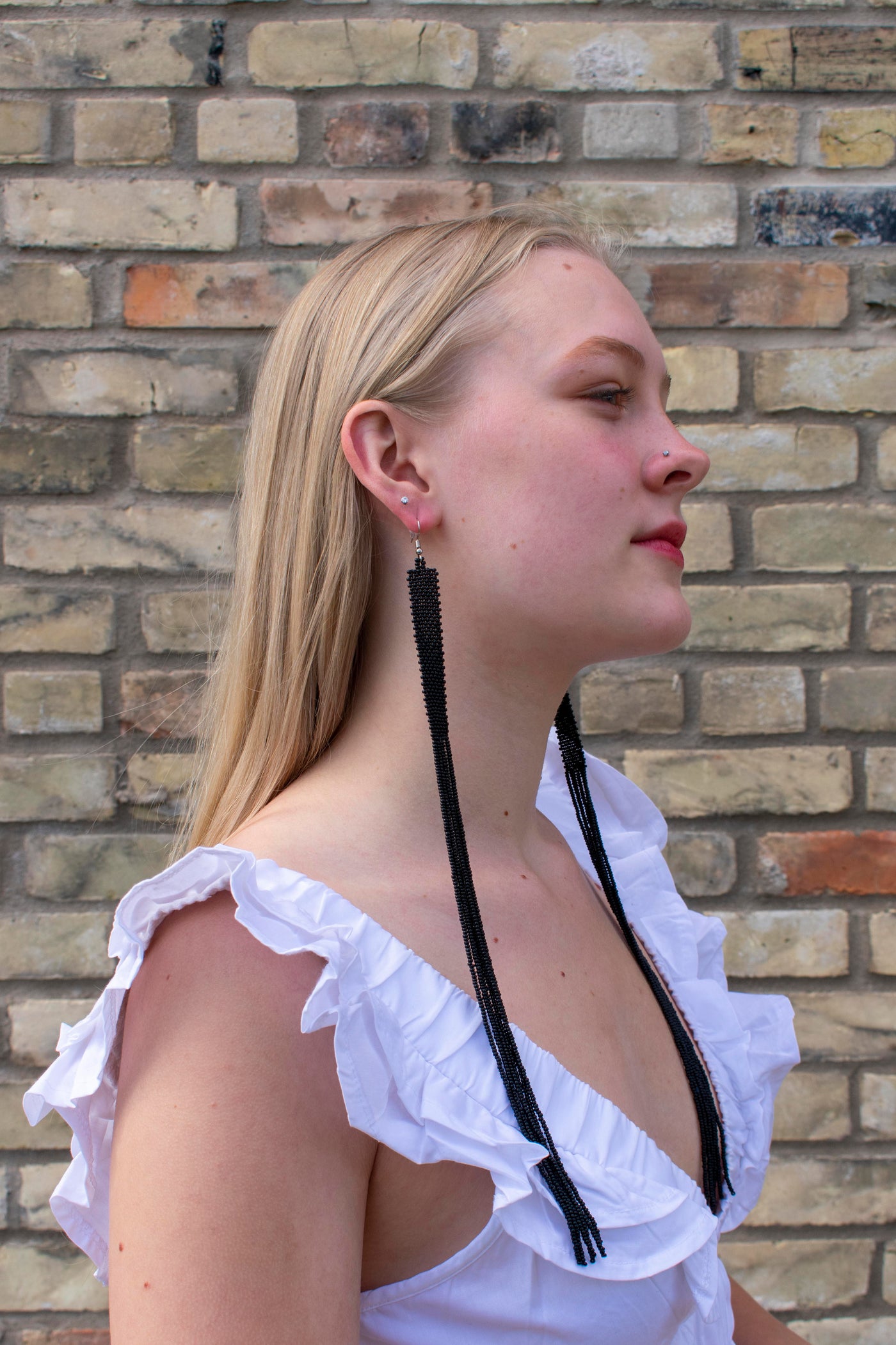 Beaded 1 Foot Earrings in Black and Black/White and Gold