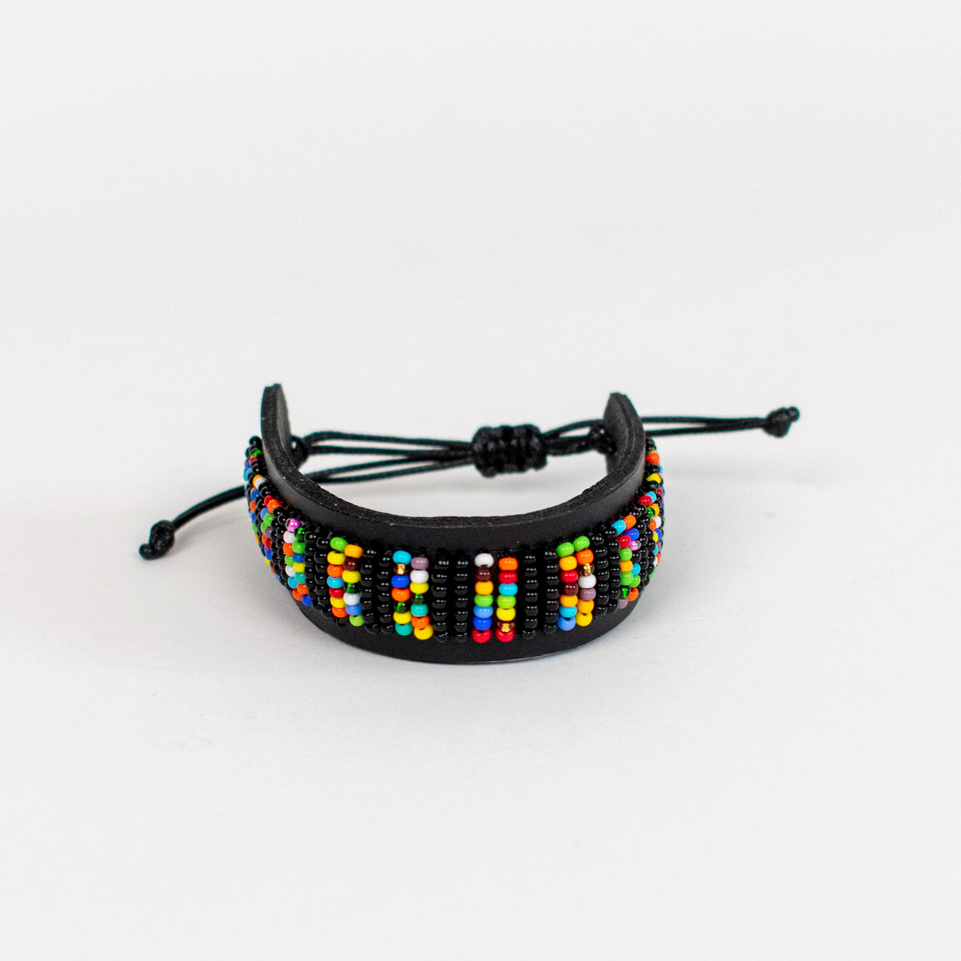 Beaded Leather Bracelet in Red, Yellow, Black and Blue
