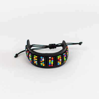 Beaded Leather Bracelet in Red, Yellow, Black and Blue