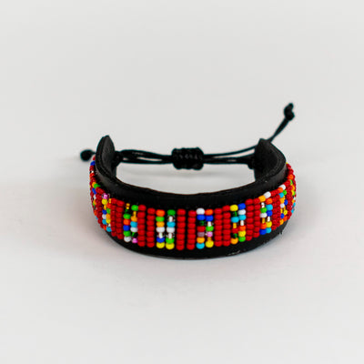 Beaded Leather Bracelet in Red, Yellow, and Blue