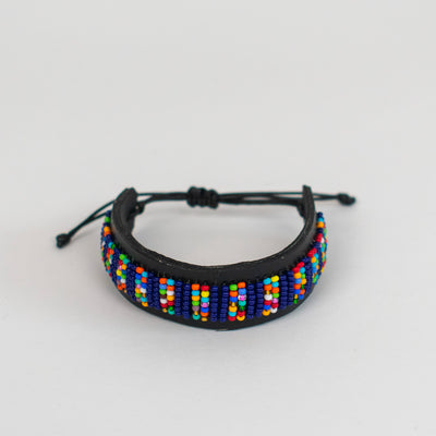 Beaded Leather Bracelet in Red, Yellow, Black and Blue