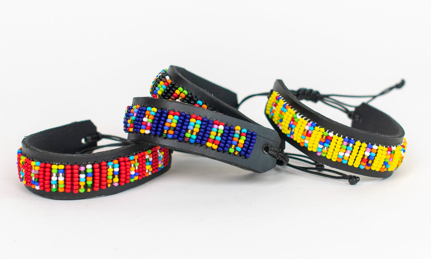Beaded Leather Bracelet in Red, Yellow, and Blue