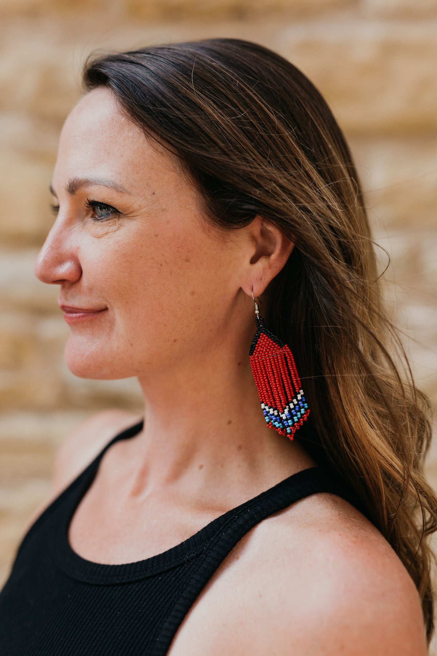 Beaded Fringe Earrings in Blue, Red or Light Orange
