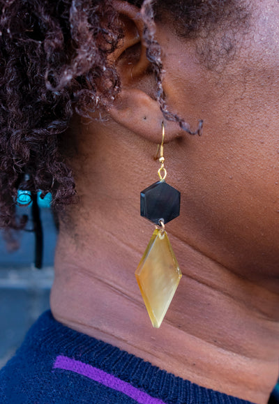 Black Hexagon and Clear Diamond Earrings